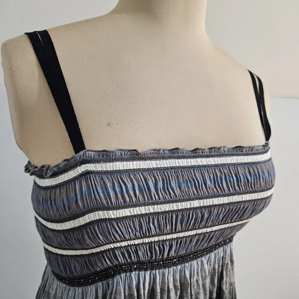 Max Studio Dress Womens Small Striped Boho Smocked Midi Black Gray Beach Coastal